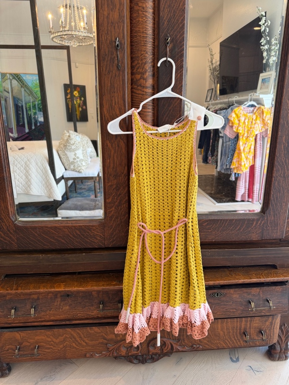 Zimmermann Yellow Crochet Mini Dress with Pink Trim